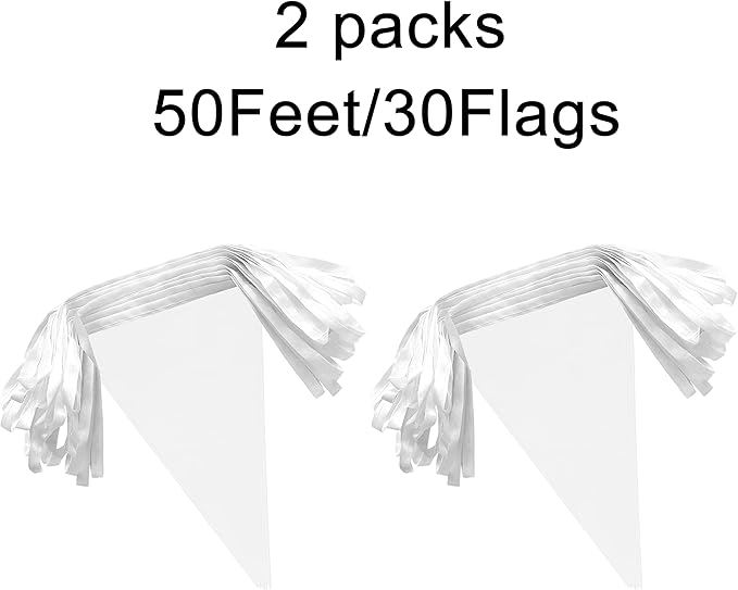 100 Feet White Pennant Banners Flags String Hanging Triangle Bunting Flags,Party Decorations for Grand Opening,Kids Birthday,Carnival,60 PCS