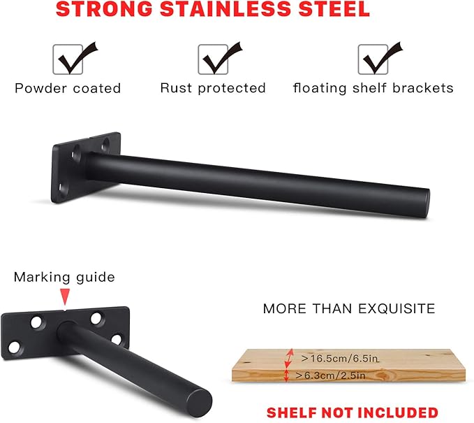 Hidden Floating Shelf Brackets Hardware- 6 Inch Heavy Duty Invisible Support for Shelves Eco Rustproof Black Finish Solid Stainless Steel with Screws and Plugs for Drywall Brickwall(4Pack)