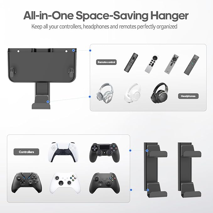 Controller & Headset & Remote Holder Wall Mount with No Drill, 4 Packs Gaming 8 Controllers Hanger Hook Mount for PS5/PS4/XBOX/Switch, Headphone Stand & Remote Control Holer Wall Shelf with Adhesives