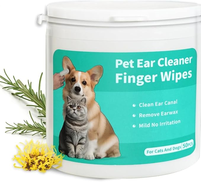 Falatong Pet Ear Cleaner Finger Wipes for Dogs, Cats, Gentle Alcohol-Free Formula, Removes Wax, Debris, 50 Count, Vet Approved, 4x8cm