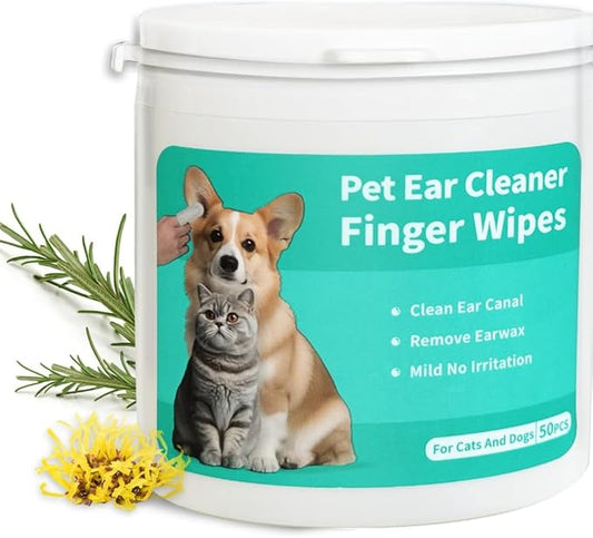 Falatong Pet Ear Cleaner Finger Wipes for Dogs, Cats, Gentle Alcohol-Free Formula, Removes Wax, Debris, 50 Count, Vet Approved, 4x8cm