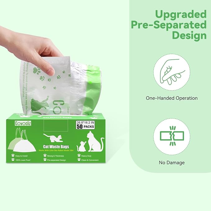 50 Pack Cat Litter Bags, Compatible with Litter Robot 3 and 4 Waste Bags, Thick Pre-Separated Heavy Duty Litter Box Liner Bags, 26.8" x 16.2"