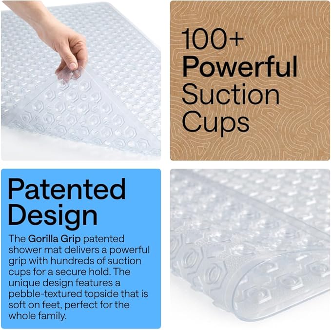 GORILLA GRIP Patented Square Shower Stall Mat, Small Bathtub Floor Mats for Stand Up Showers with Suction Cups and Drainage Holes, Machine Wash, Soft on Feet, Bathroom Accessories 21x21 Inch, Clear