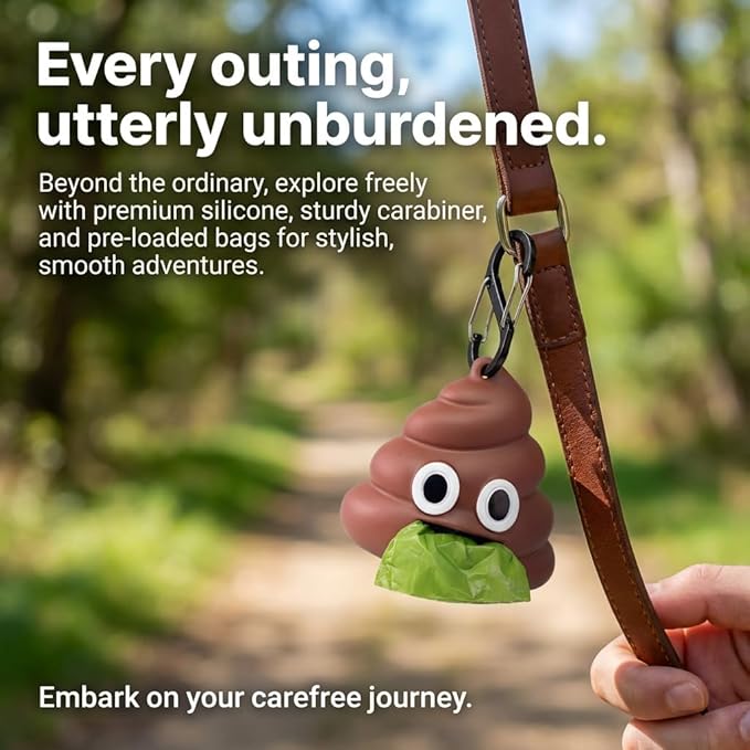 Dog Poop Bag Holder for Leash, Cute Poop Shape Design, Sturdy Dispenser Includes 1 Roll 15 Waste Bags