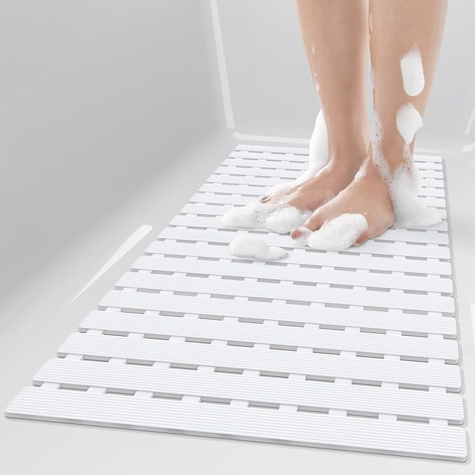 Yolife Quick Drain Shower Mat, 24.8 x 15.8 inch Power Grip Shower Mat Non Slip, Raised Non Slip Shower Mats for Inside Shower, Heavy Duty Curlable Stand up Shower Floor Mat,White