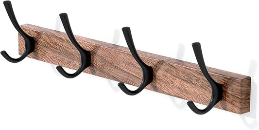 IURRDOP 17 Inch Walnut Wood Wall Mounted Coat Rack with 4 Black Double Hooks, Adhesive Mounted Entryway Hooks, Modern Natural Wooden Pegs for Hanging Coat Clothes Hat Bag Purse Key and Towel