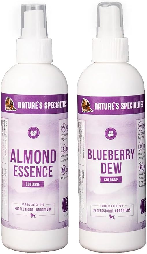 Nature's Specialties Dog Cologone 8 oz. Bundle - Almond Essence Cologne, Almond Scent, Ready to Use, Finishing Spray + Blueberry Dew Cologne, Blueberry Scent, Ready to Use, Finishing Spray
