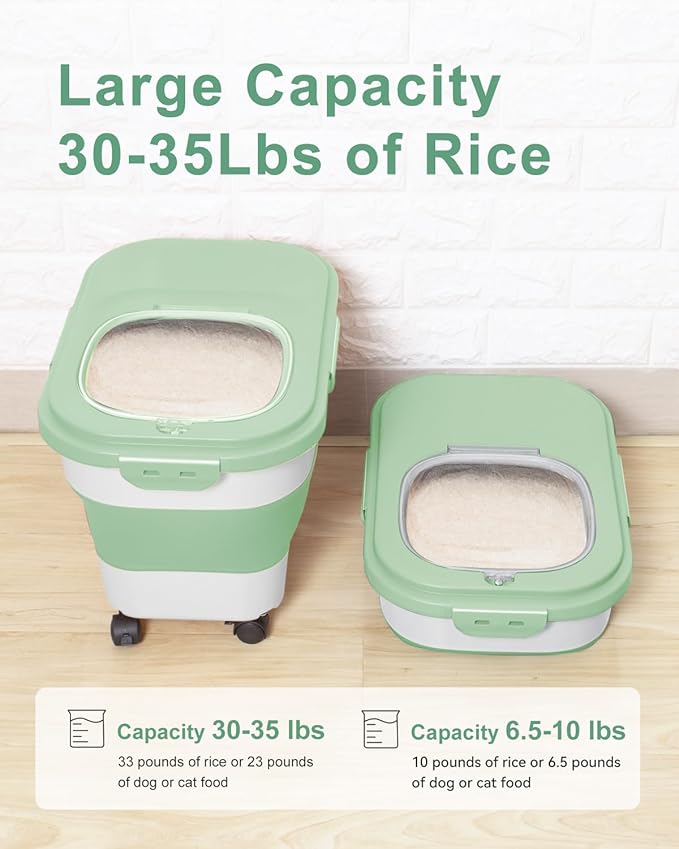 DDMOMMY 20-30 Lbs Rice Storage Container,Collapsible Food Storage Containers with Rolling Wheel Airtight Locking Lid,Flour Storage Container with Cup and Scoop,Suitable for Food,Rice,Pet Food,Flour