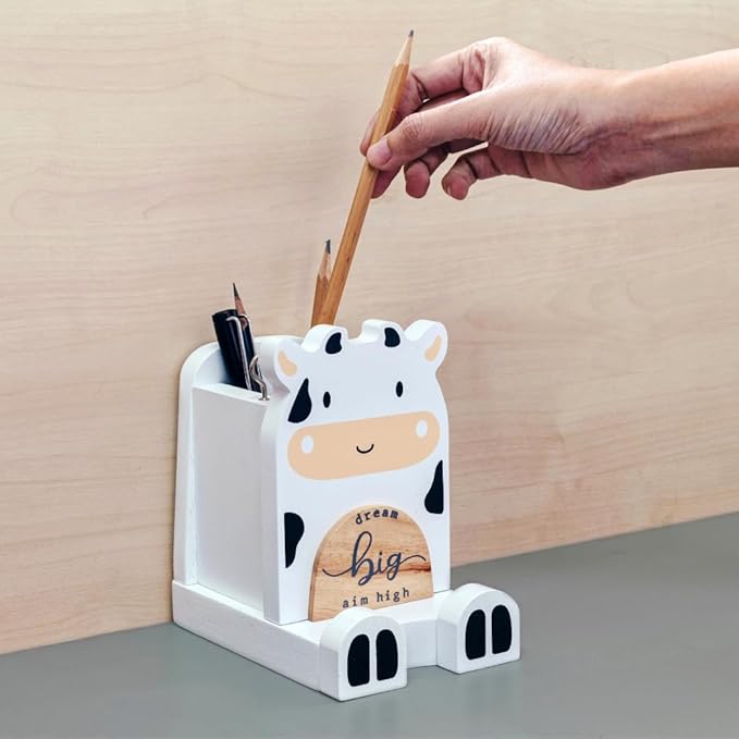 I'm Solid Wood Multipurpose Eyeglass Phone Pen & Pencil Holder Stand Stationery Desk Box Organizer Accessories Decor, Cute Farm Animal for Home Office Desktop Decor Birthday Graduation Gifts (Cow)