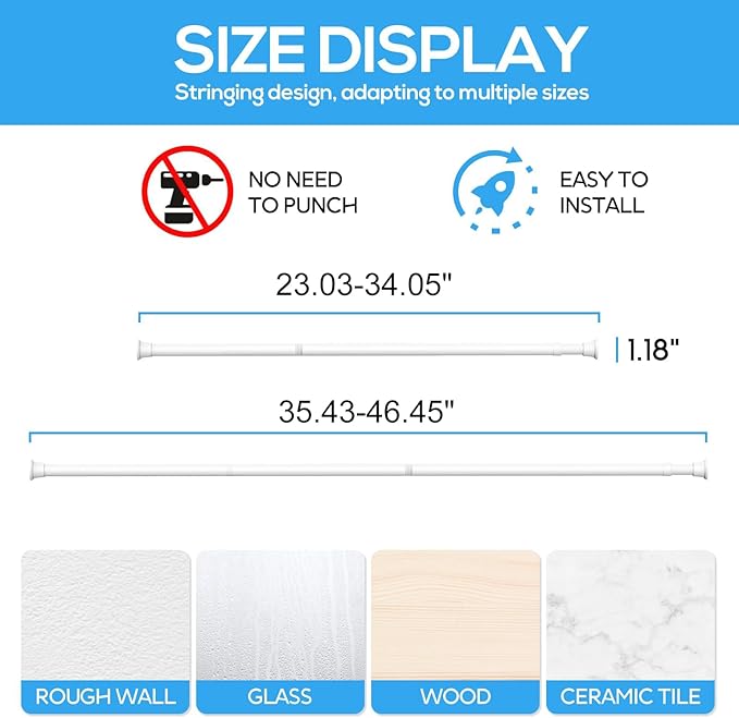 1pack Spring Tension Rods 23-46 Inch Adjustable White Tension Rod Spring Curtain Rod Extendable Short Curtain Rod Spring Loaded Curtain Rods Tension Rod for Curtains, Closet, Kitchen