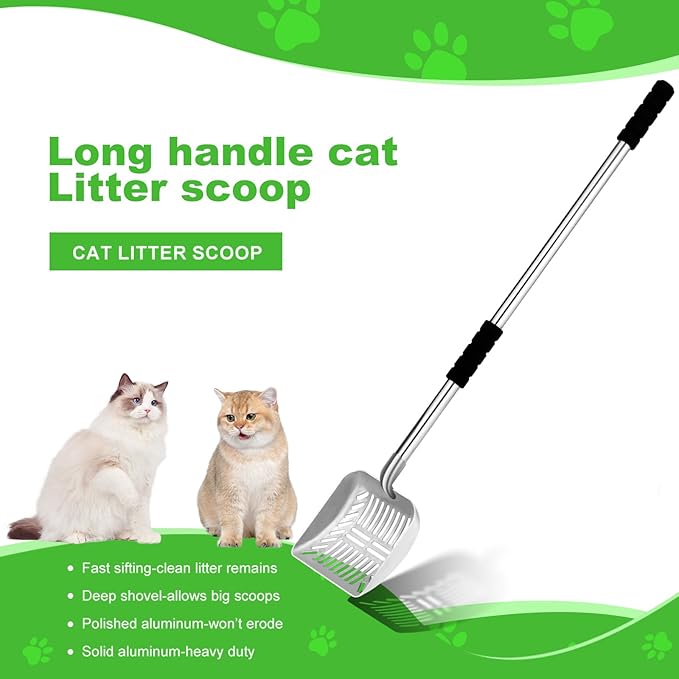 Metal Cat Scoop, Removable Litter Scoop, Long Handle Cat Scoop, Adjustable Length Up to 31.5 Inches, 2-in-1 Pet Scoop, Deep Scoop and Fine Hole Scoop, Foam Padded Handle, Cat Poop Scoop for All Cats