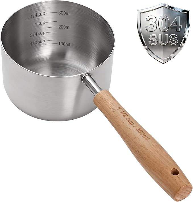 TREMENDRY 1PCS 1-1/2Cup(360ml | 12oz) Dog Cat Food Scoop, 18/8(304) Stainless Steel Measuring Cup with Wooden Handle, Etched Measurements Inside, BPA Free Portion Control for Pets & Kitchen Use