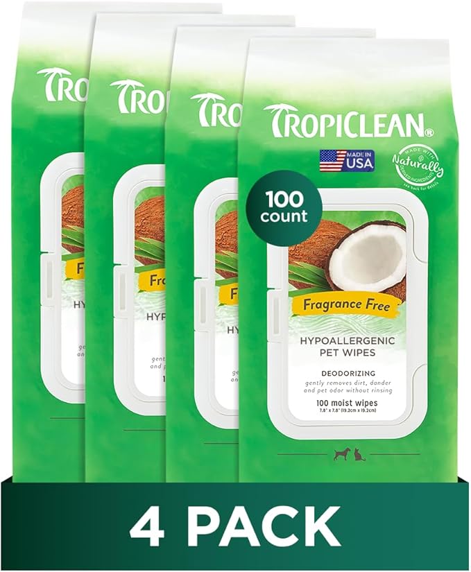 TropiClean Hypoallergenic Dog Wipes for Paws and Bottom | Fragrance Free Dog Grooming Wipes | Safe for The Face | Puppy & Cat Friendly | 400 Count