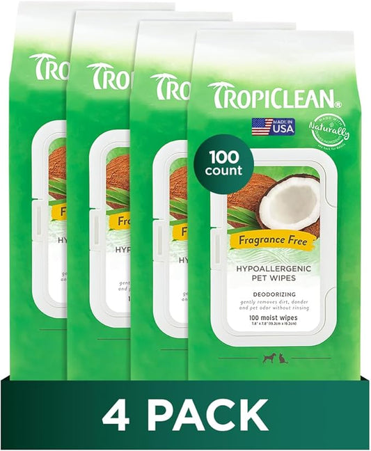 TropiClean Hypoallergenic Dog Wipes for Paws and Bottom | Fragrance Free Dog Grooming Wipes | Safe for The Face | Puppy & Cat Friendly | 400 Count