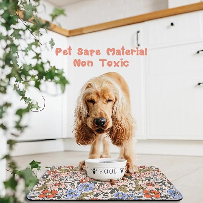Dog Food Mats for Floors Waterproof, Cat Water Bowl Mats Pet Feeding Absorbent Placemats Flower 16 * 24 inch