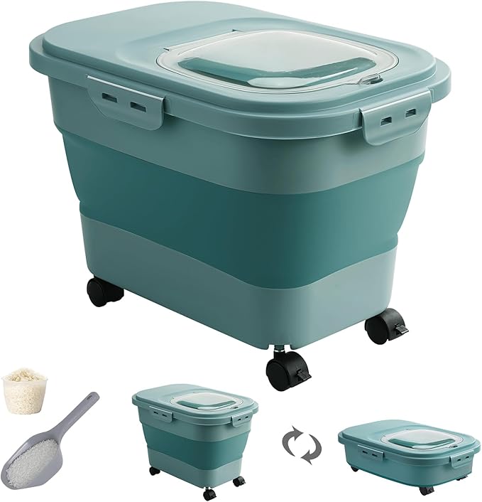 DDMOMMY 20-30 Lbs Rice Storage Container,Collapsible Food Storage Containers with Rolling Wheel Airtight Locking Lid,Flour Storage Container with Cup and Scoop,Suitable for Food,Rice,Pet Food,Flour
