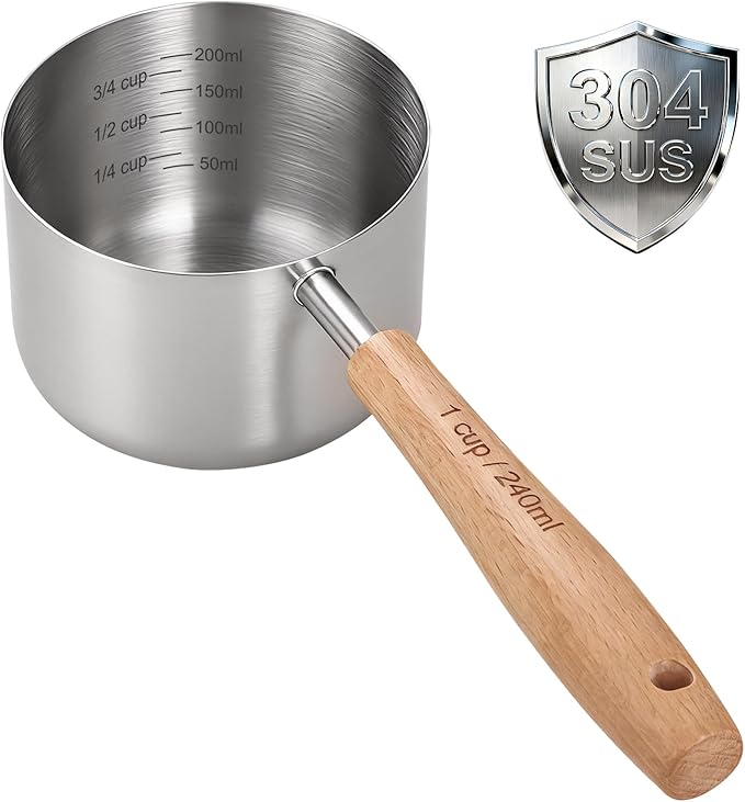 TREMENDRY 1PCS 1Cup(240ml | 8oz) Dog Cat Food Scoop, 18/8(304) Stainless Steel Measuring Cup with Wooden Handle, Etched Measurements Inside, BPA Free Portion Control for Pets & Kitchen Use
