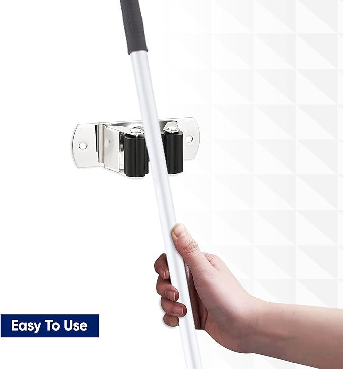 Superio Mop and Broom Holder, Set of 4 Single Piece Hooks, Stainless Steel Wall Mount Cleaning Storage Tool Organizer, Heavy-Duty Hook for Kitchen, Closet Garage, and Office