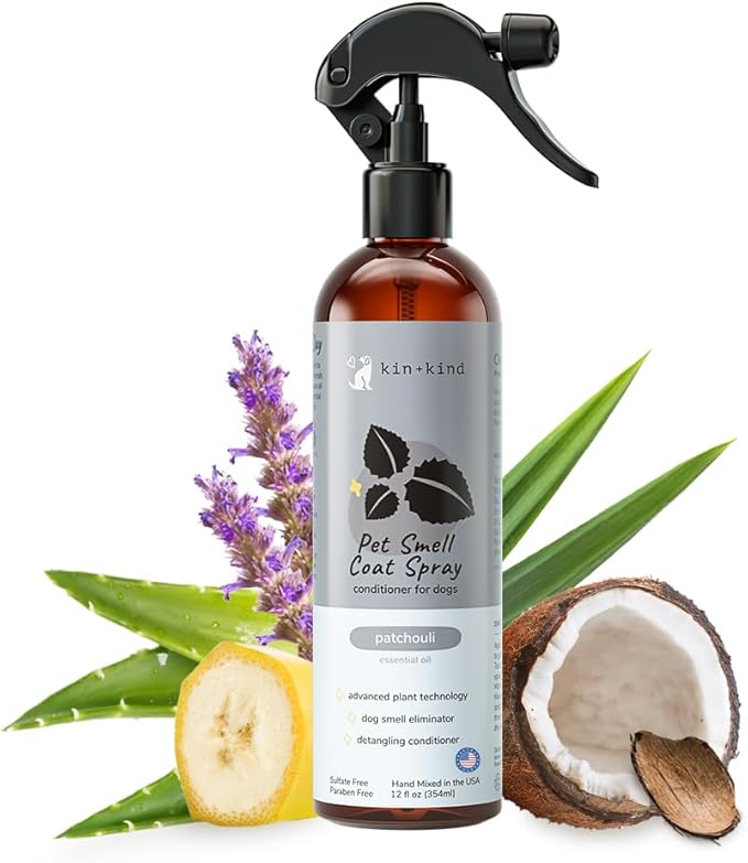 kin+kind Dog Coat Spray (12 fl oz) - Deodorizing Patchouli Formula with Long Lasting Dog Cologne Scent with Aloe Vera - Safe, Natural Odor Eliminator for Dogs - Made in USA (Patchouli)
