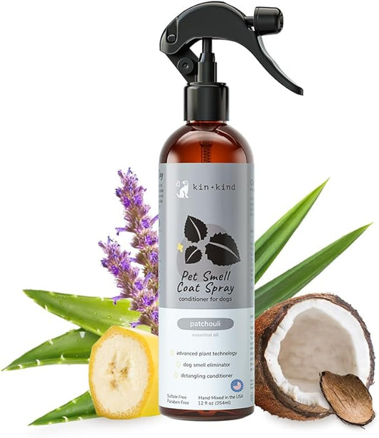kin+kind Dog Coat Spray (12 fl oz) - Deodorizing Patchouli Formula with Long Lasting Dog Cologne Scent with Aloe Vera - Safe, Natural Odor Eliminator for Dogs - Made in USA (Patchouli)