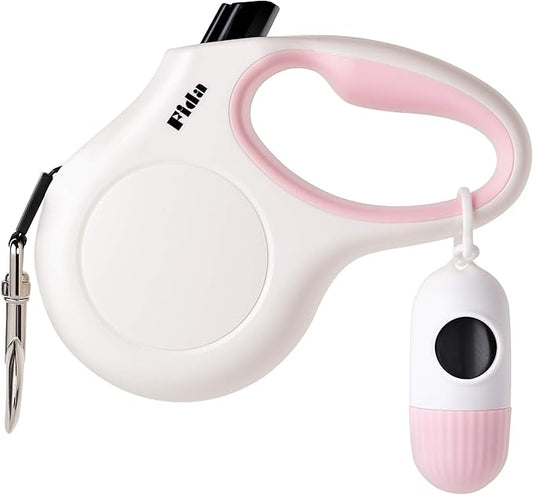 Fida Retractable Dog Leash with Dispenser and Poop Bags, 10 ft Pet Walking Leash for X-Small Dog or Cat up to 18 lbs, Anti-Slip Handle, Tangle Free, Reflective Nylon Tape (XS, White)
