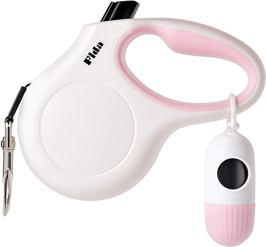 Fida Retractable Dog Leash with Dispenser and Poop Bags, 16 ft Pet Walking Leash for Large Dog up to 110 lbs, Anti-Slip Handle, Tangle Free, Reflective Nylon Tape (L, White)