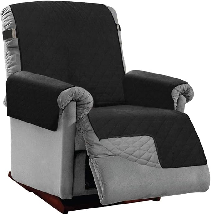 Sofa Shield Recliner Slip Cover with Patented Strap, Cushion Protector, US Designed Reversible Stain and Dog Tear Resistant Slipcover, 28 inch Seat, Washable Covers for Dogs Pets, Black Gray