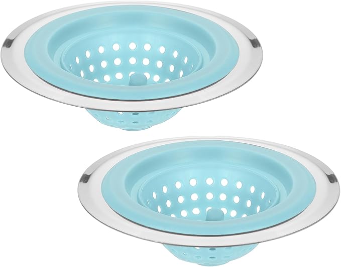 uxcell Silicone Sink Strainer, 2Pcs Kitchen Sink Drain Strainer Stopper with Detachable Stainless Steel Edge 4.4" Diameter Rim, Blue
