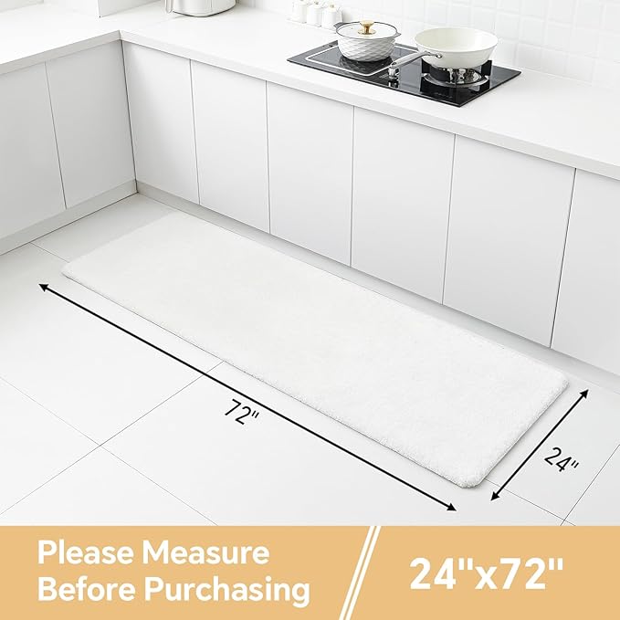 White Bathroom Rugs Runner 24"x72" - Extra Long Plush Bath Mat, Non Slip Absorbent Microfiber Floor Rug, Washable and Fluffy - Ideal for Bathroom, Kitchen or Pet Mat Use