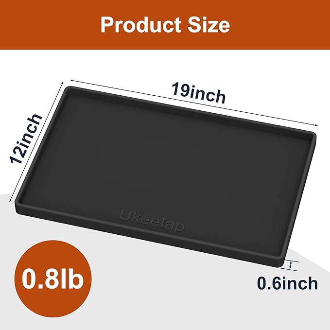 Extra Thick Silicone Mat Waterproof with Raised Edge 19” x 12”, BPA Free Non-Slip Dog & Cat Food Mat, Feeding Mat for Food and Water Bowls, Spill Proof Mat to Protect Floors, Black
