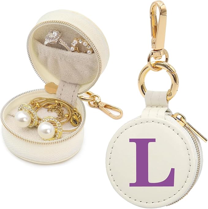 Mini Initial Travel Jewelry Case Ring Holder, Beige Faux Leather Small Jewelry Organizer Box Gifts for Women Girls Nurse Teacher, Gym Travel Accessories Keychain Pouch for Earrings Rings Necklace L