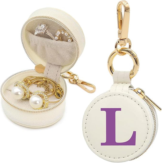 Mini Initial Travel Jewelry Case Ring Holder, Beige Faux Leather Small Jewelry Organizer Box Gifts for Women Girls Nurse Teacher, Gym Travel Accessories Keychain Pouch for Earrings Rings Necklace L