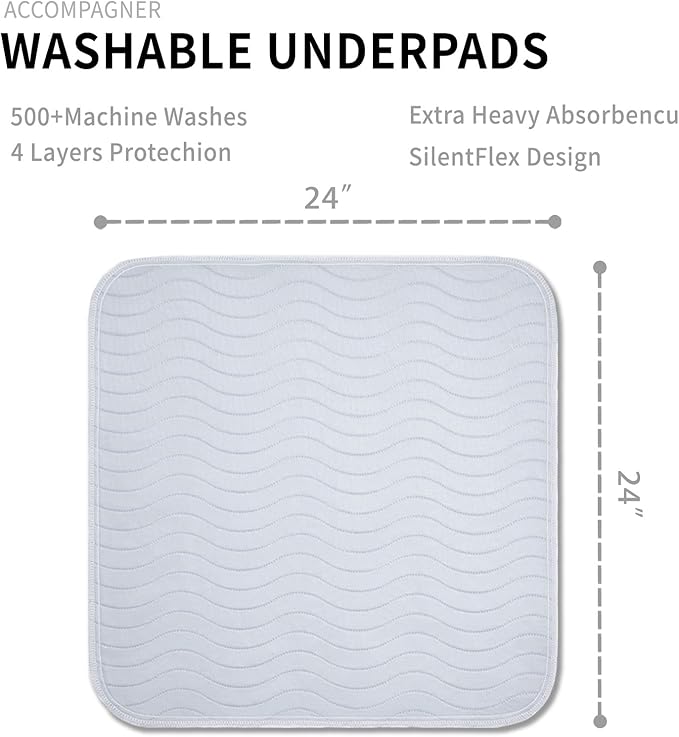 Accompagner Waterproof Reusable for Adults and Pets Washable Pee Pads for Dogs Changing Pad Large Dog Bed Size Adults Incontinence Bed Pads - Non-Slip Leak-Proof (Pearl Gray, 24"x24"(Pack of 4))