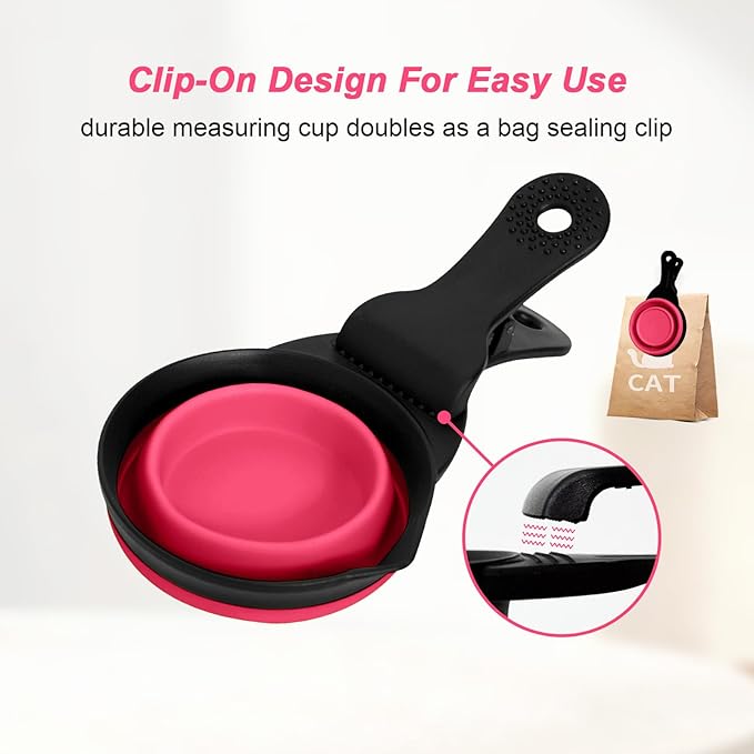 PNEUICALLY Collapsible Dog Food Scoop Foldable Pet Food Bag Clip 3 in 1 Multi-function Silicone Cat Food Measuring Cup Scoop Dog Food Scooper Pet Food Storage Clip (Rose Red, 1 Cup Capacity(1 Pack))