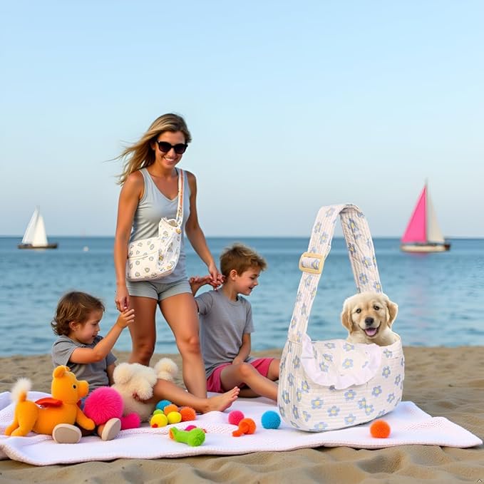 Floral Dog Carrier Bag for Cats & Small Dogs,Carry 10-20LBS Pet Purse, Hands-Free Cat Sling with Adjust Strap, Crossbody Puppy Sling Bag with Safety Buckle, Gifts for Pets Mom (Blue Daisy, Medium)