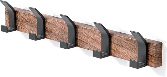 IURRDOP 17 Inch Black Walnut Wood Wall Mounted Coat Rack with 4 Black L Hooks, Adhesive Mounted Entryway Hooks, Modern Natural Wooden Pegs for Hanging Coat Clothes Hat Bag Purse Key and Towel
