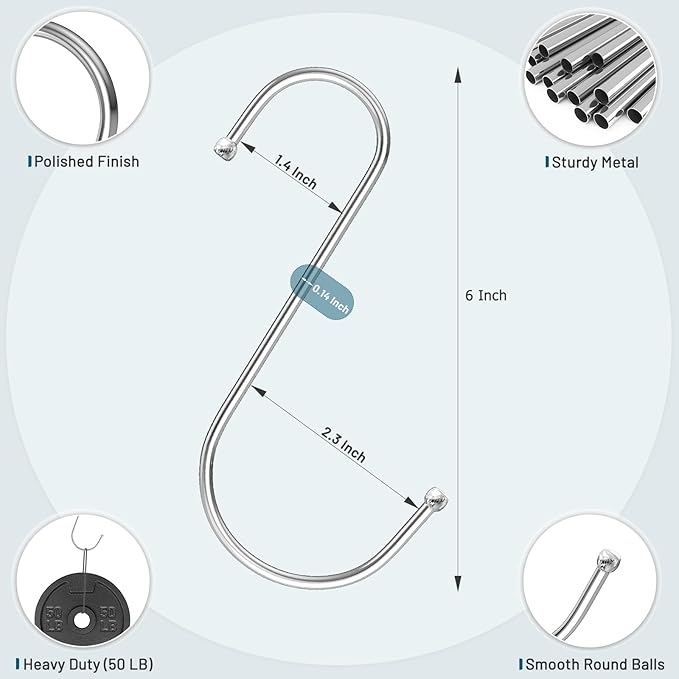 RELBRO Large S Hooks, 6 Inch Metal Hanging Plants Hooks, Reversible, Heavy Duty, Silver, 12 Pcs