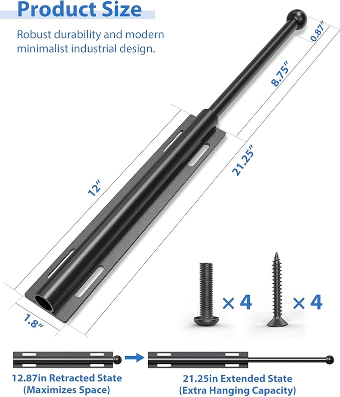 Valet Rod for Closet Pull Out, 12" Aluminum Valet Heavy Duty Closet Valet Rod, Adjustable Retractable Slide Out Valet Rod Closet Organization for Closet Laundry Bedroom Bathroom(Black)