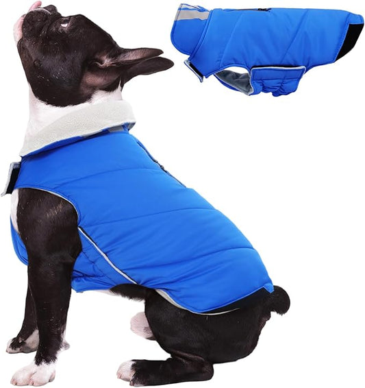 Kuoser Dog Winter Coat Cold Weather Reflective Waterproof Dogs Jacket, Warm Fleece Lined Turtleneck Doggy Vest with Zipper, Dog Snow Jacket Pet Apparel for Small Medium Large Dogs, Blue S