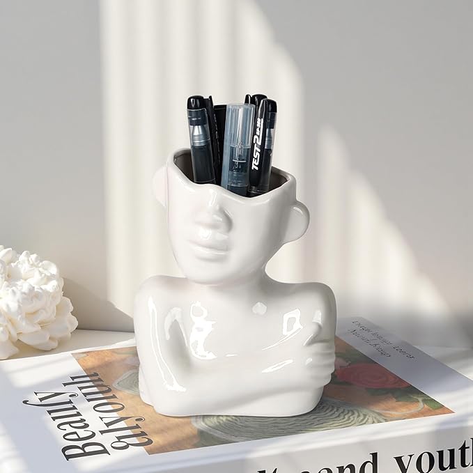 Ceramic Face Pen Holder Organizer, Female Form Face Pen Tools Storage Cup for Desk Accessories, Compact Pencil Holder for Desktop, Living Room, School, Home and Office Decor