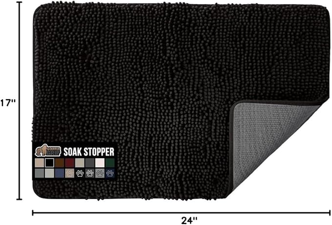 GORILLA GRIP SOAKSTOPPER Dog Door Mat, Machine Washable Rug Absorbent Doormat Captures Moisture Mud Dirt, Quick Dry Soft Chenille Entryway Rugs Indoor Entrance Mats for Dog Paws, 24x17 Black