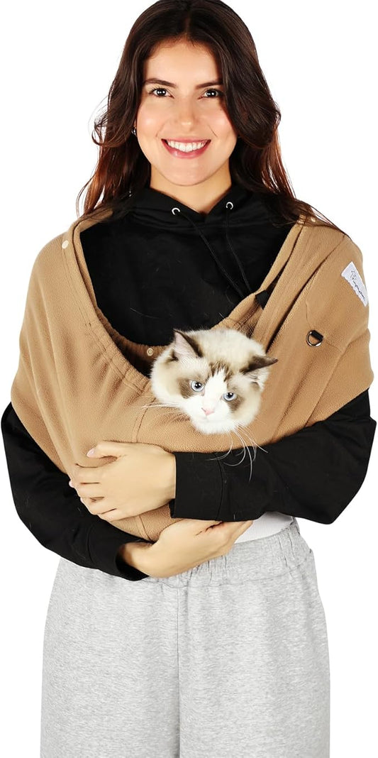Hands-Free Cat Sling Carrier, Ultra-Soft Polar Fleece Pet Sling for Small Dogs & Cats 3-14 lbs, Machine Washable for Indoor Snuggling & Outdoor Use (Large, Khaki)