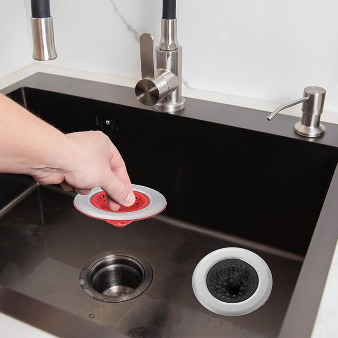 uxcell Silicone Sink Strainer, 2Pcs Kitchen Sink Drain Strainer Stopper with Stainless Steel Edge 4.4" Diameter Rim, Red
