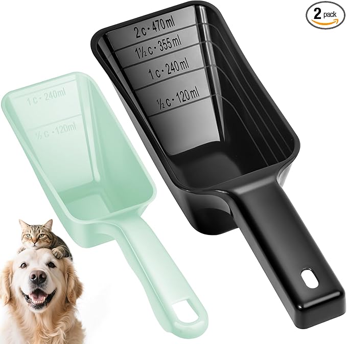 GNEOCO 2 Pack Dog Food Scoop with 1 Cup and 2 Cup Capacity, Plastic Pet Food Measuring Scoops with Clear Measurement Lines for Dogs, Cats & More,Dishwasher safe (Green and Black)