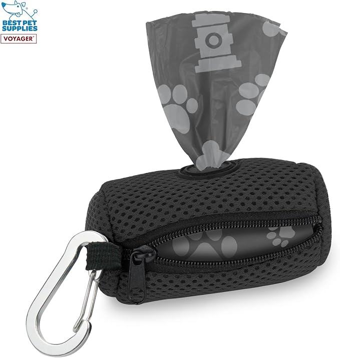 Best Pet Supplies Dog Poop Bag Holder Leash Attachment with 15 Bags, Black, Reusable Mesh Dispenser Pouch for Travel, Walking, Park, and Outdoor Use, Soft and Durable with Clip-On