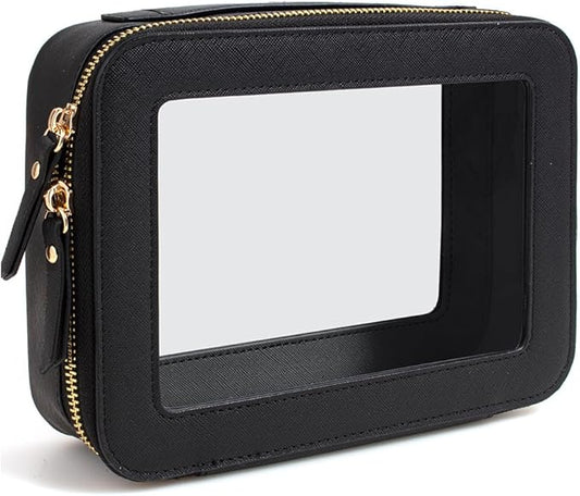Clear Makeup Bag, Travel Cosmetic Organizer Case Waterproof Skincare Toiletry Bag with Zipper Portable Make Up Pouch Compact Car Organizer Bag for Essentials (Large Black)