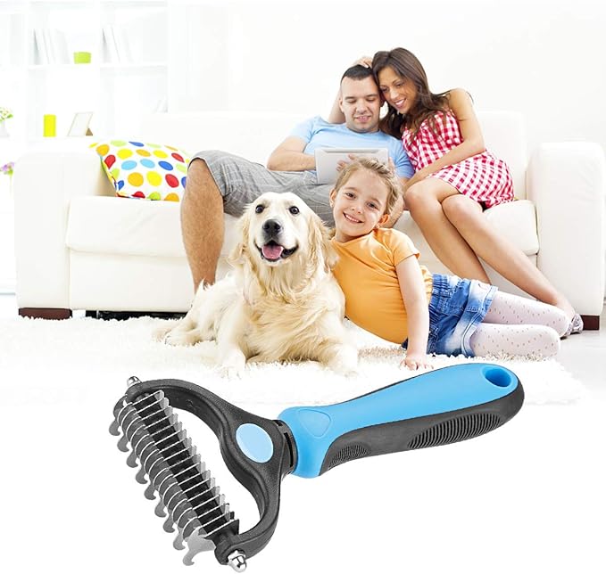 XLCL pet Pet Grooming Tool - 2 Sided Undercoat Rake for Cats and Dogs - Safe Dematting Comb for Easy Mats & Tangles Removing - No More Nasty Shedding and Flying Hair blue