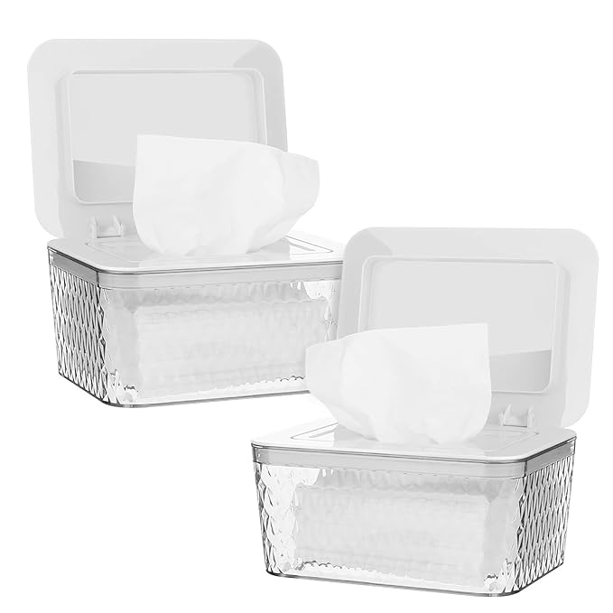 Whiidoom Wipes Dispenser, One-Handed Operation Wipe Holder for Baby & Adult, Seal-Designed Wipes Container for Bathroom Keep Diaper Wipes Fresh (2 Pack White)