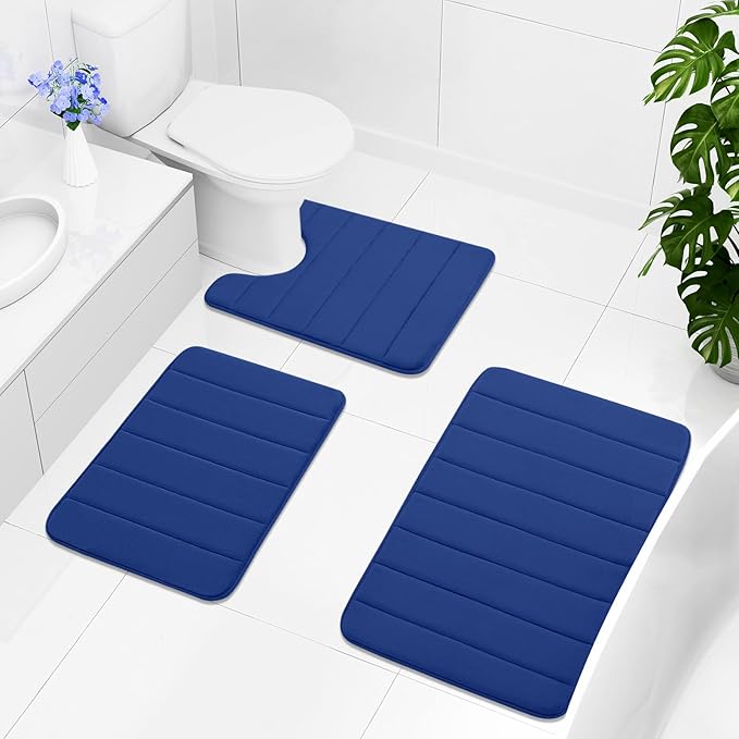 Buganda Memory Foam U-Shaped Contour Toilet Rugs, Non Slip Absorbent, Thick Soft Washable Bathroom Mat, Floor Carpet Bath Rugs Mat for Toilet Base (20" x 20", Navy Blue)