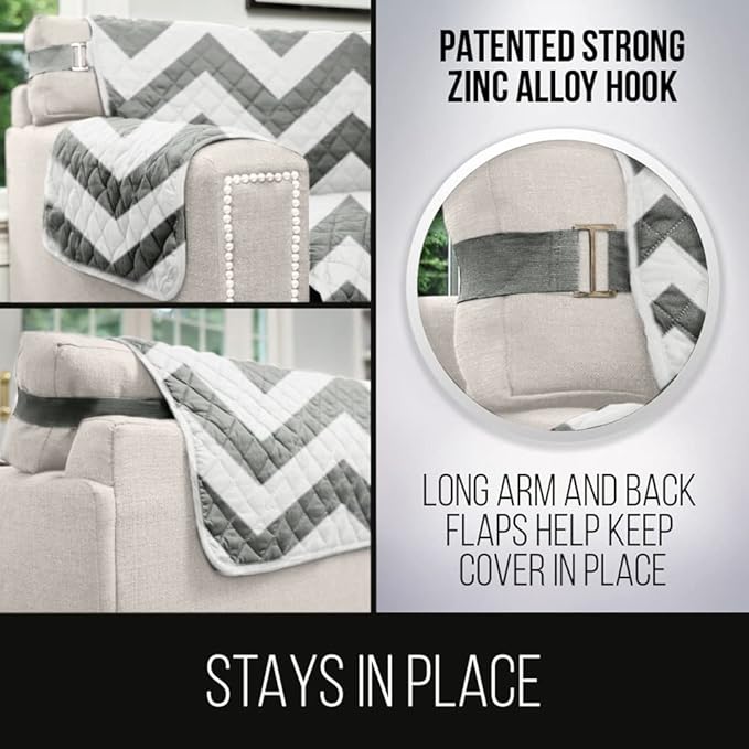 Sofa Shield Couch Slip Cover with Patented Strap, Cushion Protector, US Designed Reversible Stain and Dog Tear Resistant Slipcover, 62 inch Seat, Washable Covers for Dogs Pets, Chevron Gray
